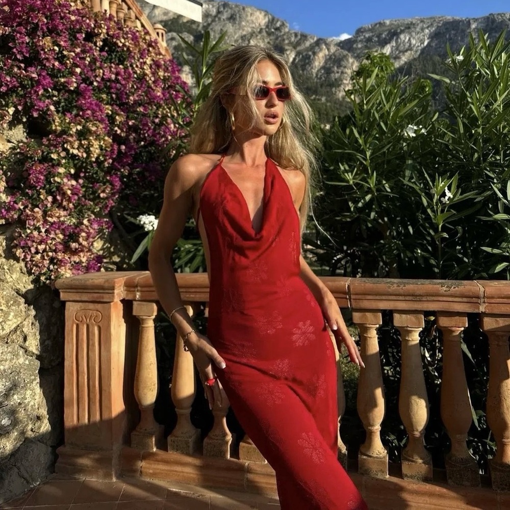 Sleek Red Halter Cowl Maxi Dress